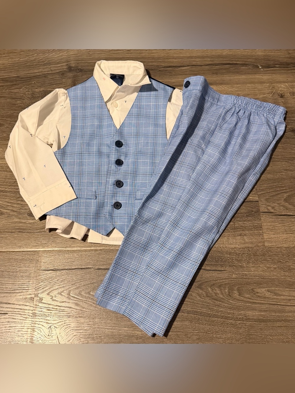 Light Blue Plaid Boys' Vest & Pants Set
